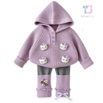 2-częściowy komplet premium z dzianinową bluzą z kapturem i aplikacjami 3D oraz prążkowanymi legginsami z getrami Soft Kitty Lilac