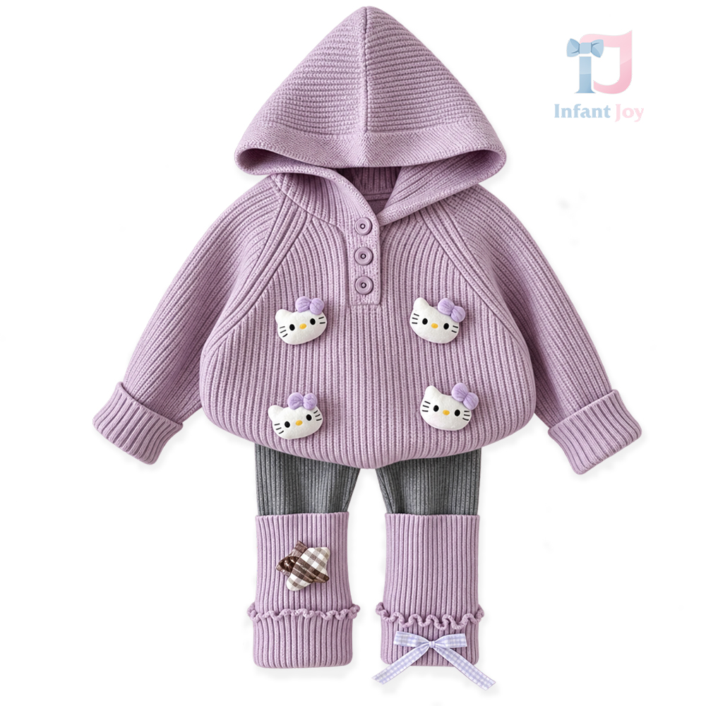 2-częściowy komplet premium z dzianinową bluzą z kapturem i aplikacjami 3D oraz prążkowanymi legginsami z getrami Soft Kitty Lilac