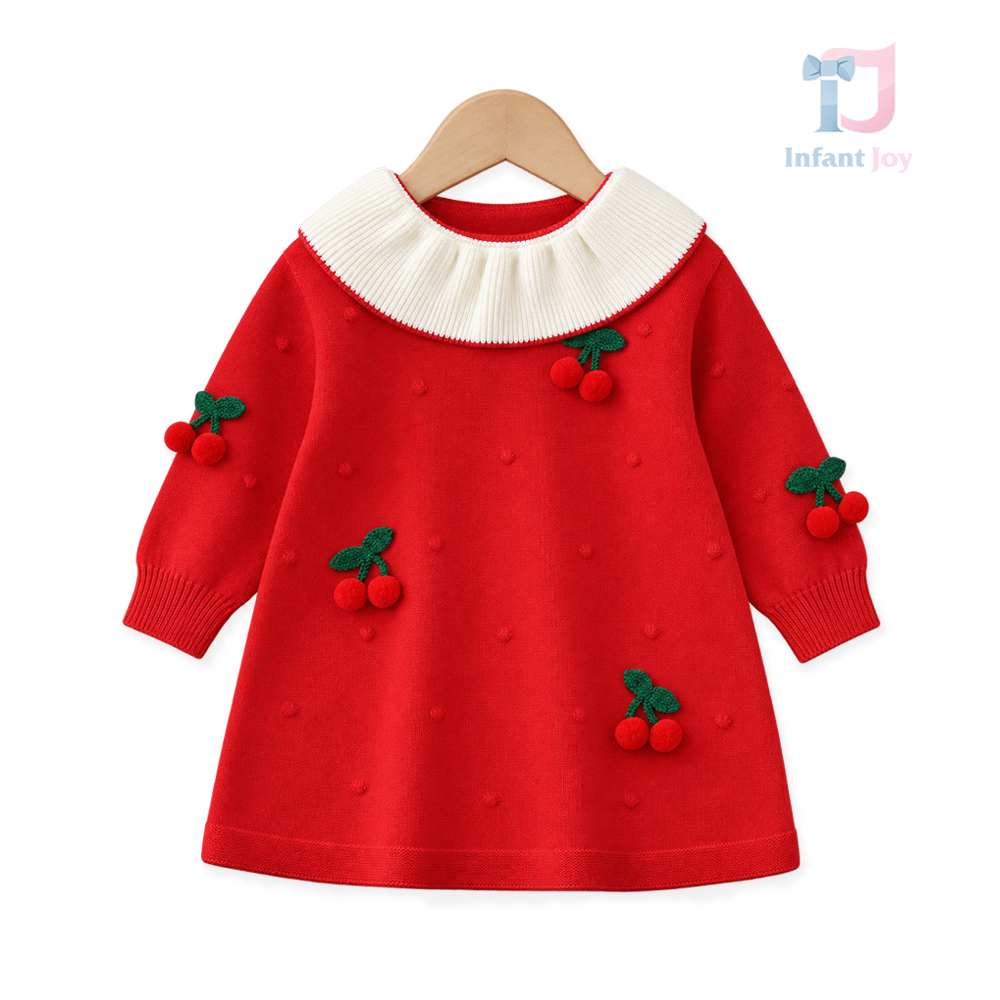 Dzianinowa sukienka z efektownym kołnierzem i wisienkami 3D Cherry Dreams