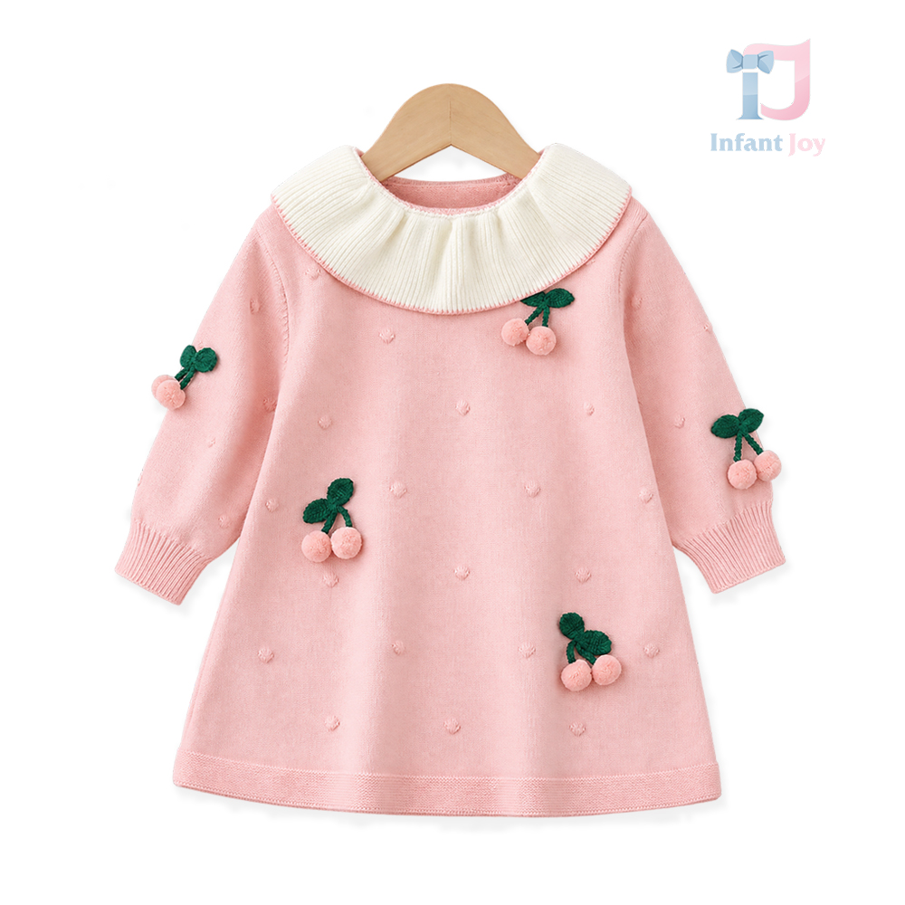 Dzianinowa sukienka z efektownym kołnierzem i wisienkami 3D Cherry Dreams Pink