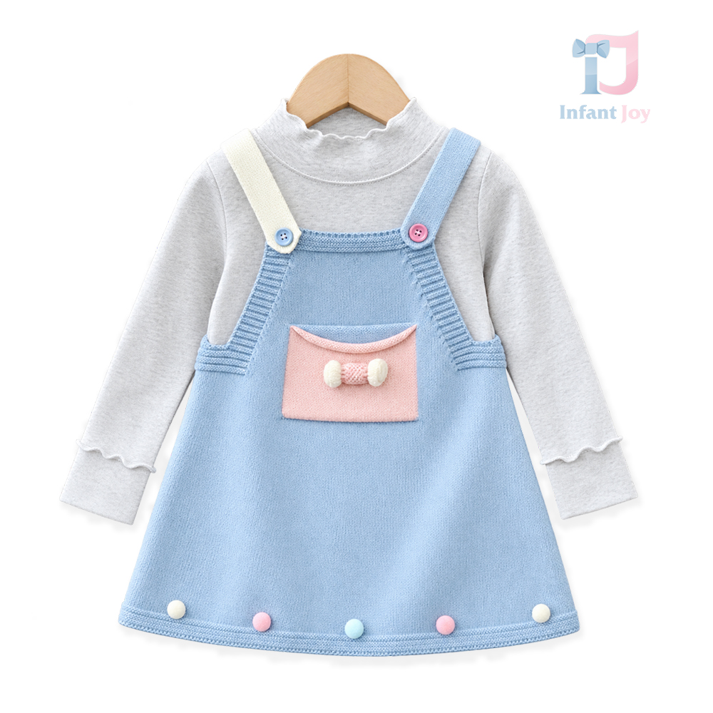 2-częściowy komplet z bluzką i dzianinową tuniką z kontrastowymi ramiączkami, kieszonką i pomponami Candy Dots Blue