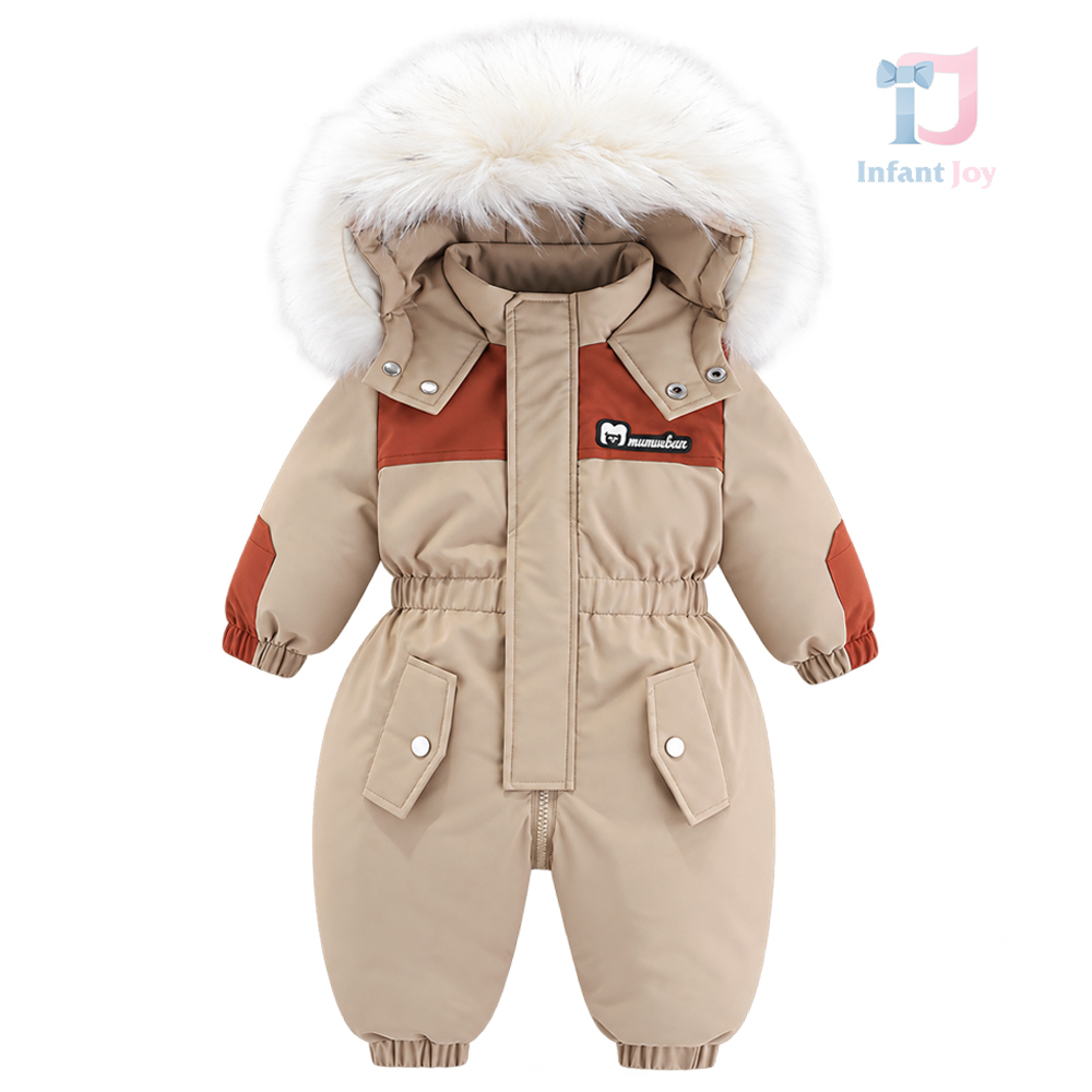 Nieprzemakalny kombinezon zimowy z kapturem i obfitym futrzanym obszyciem Winter Ridge Beige