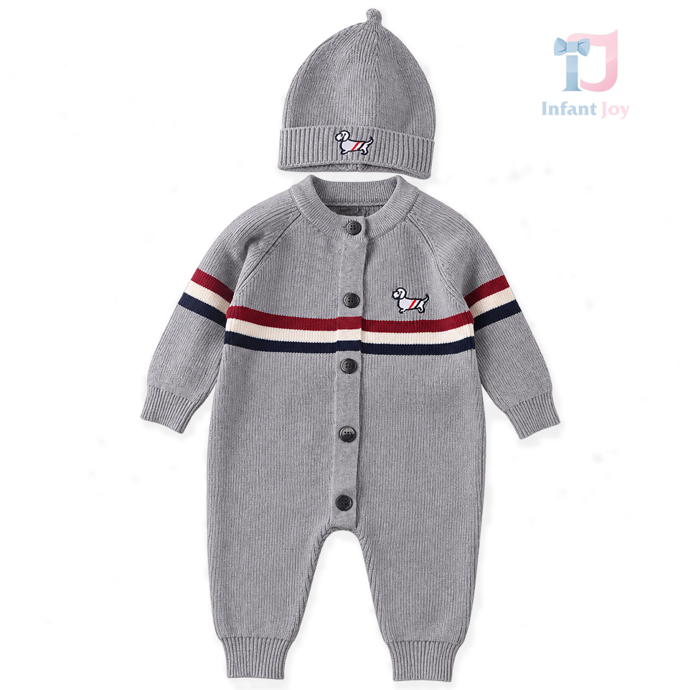 2-częściowy komplet dzianinowy z kombinezonem i czapką z haftowanym emblematem Puppy Stripe Grey