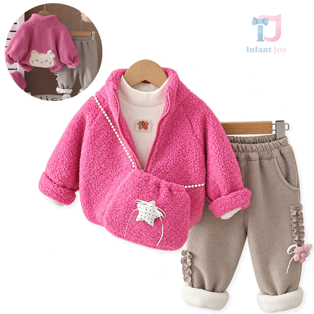 4-częściowy ocieplany komplet z puszystą kurtką ze stójką i detalami 3D, bluzką z emblematem, spodniami i torebką Starry Pocket Pink