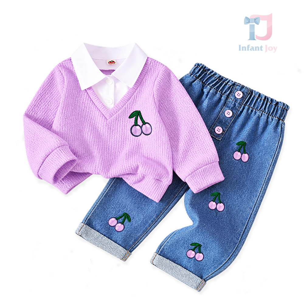 2-częściowy komplet z bluzką z wszytą koszulą i spodniami jeansowymi Cherry Denim Lilac