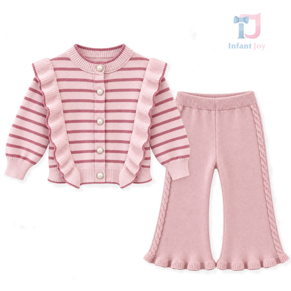 2-częściowy elegancki komplet z dzianinowym kardiganem z perłowymi guzikami i rozszerzanymi spodniami Pearl Ruffle Pink